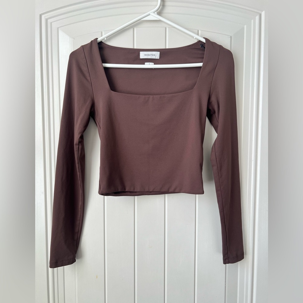 Babaton Square Neck Long Sleeve Top S Brown Fitted Minimal - Picture 2 of 11